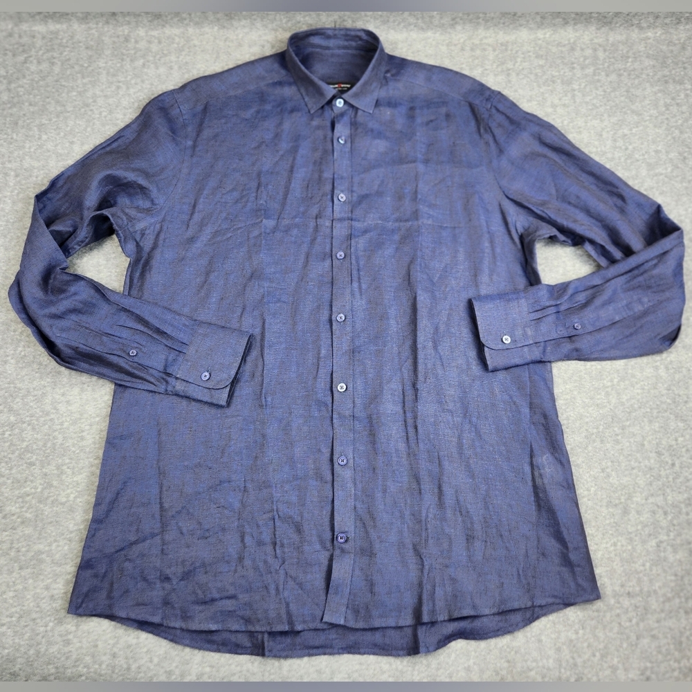 Tailor Store Shirt Mens XL Dark Blue Long Sleeve Button Up Solid 100% Linen